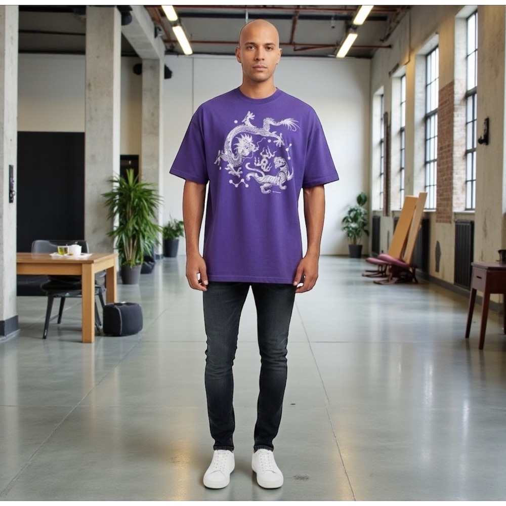 Fruit of the Loom Heavy Cotton Purple Dragon Tiger Graphic T Shirt Mens XXL‎